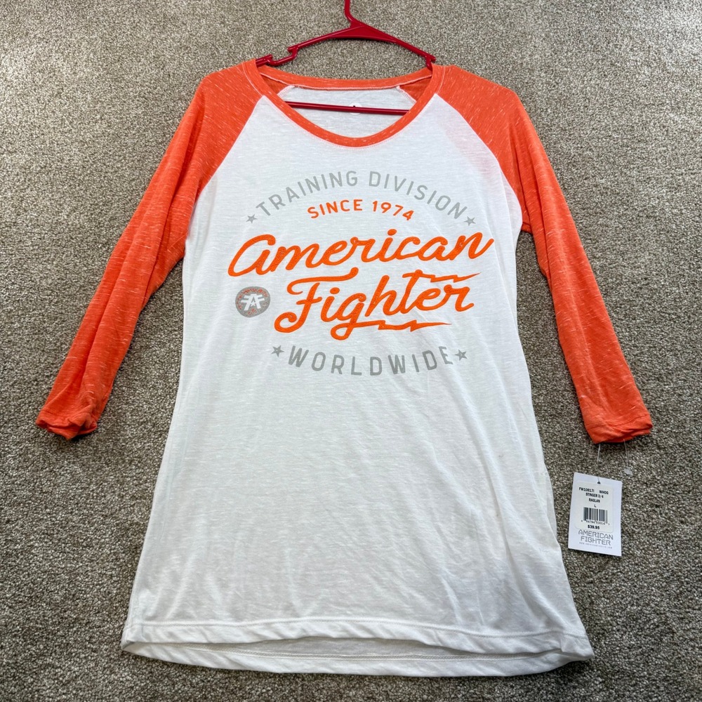 American Fighter Womens Stinger 3/4 Raglan White Orange NEW L Gift MMA Training